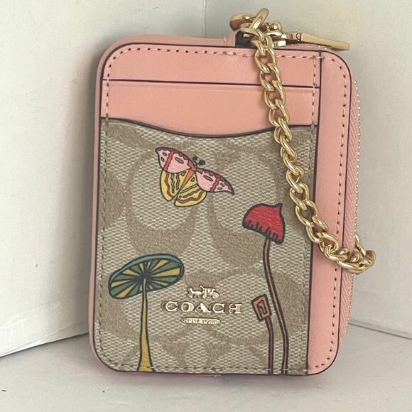 Coach Observed By Us Zip Card Case Khaki Signature Canvas Pink - Picture 2 of 7